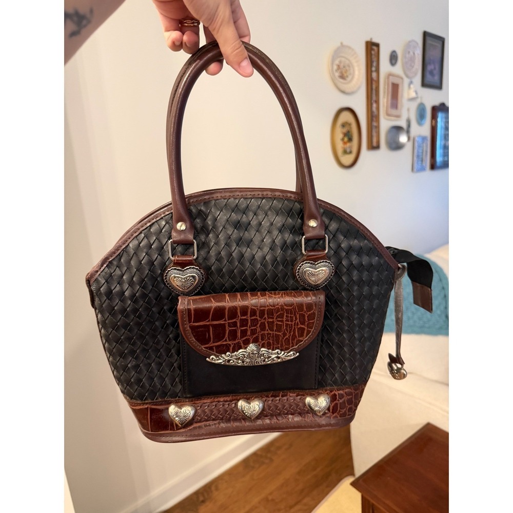 Western Woven Leather Satchel Handbag Black Brown Croc Heart Concho Dome Bag - Picture 1 of 6